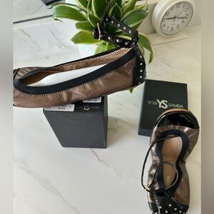 Yosi Samra Black and Bronze Studded Flats with detachable straps